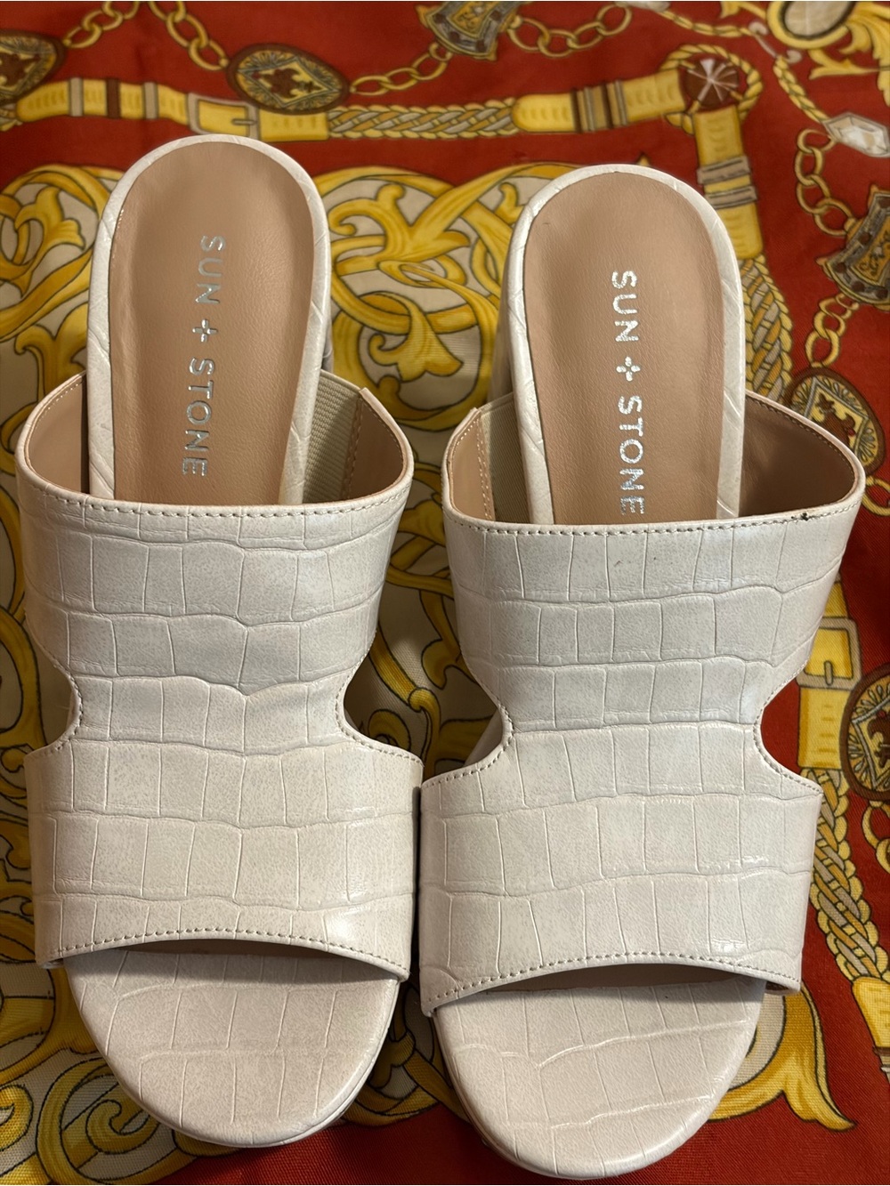 Sun + Stone Cream Croc-Embossed Slide Mules